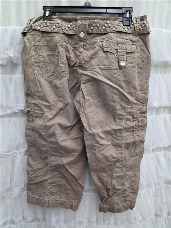 NWOT Y2K L Rhinestone Belt Waist Tie Cargo Shorts Khaki 133694