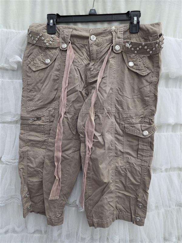 NWOT Y2K L Rhinestone Belt Waist Tie Cargo Shorts Khaki 133694