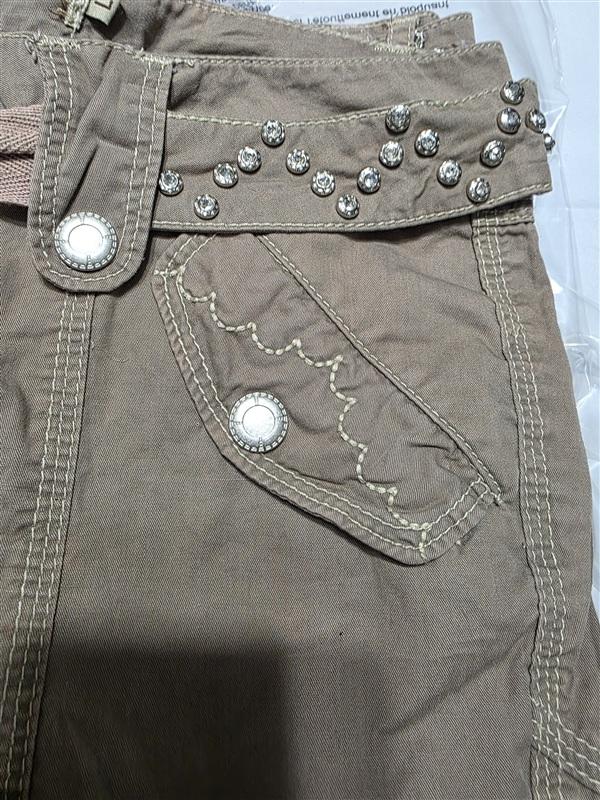 NWOT Y2K L Rhinestone Belt Waist Tie Cargo Shorts Khaki 133694