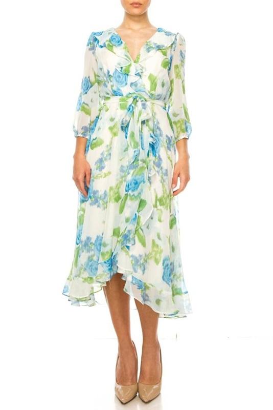 NWOTD Maison Tara 14 Floral Faux Wrap Midi Dress In Ivory Turquoise 133721