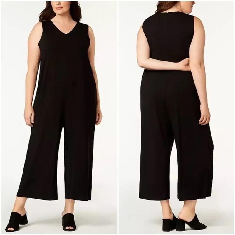 NWOT Eileen Fisher 1X V Neck Wide leg Jumpsuit Black Sleeveless 133724