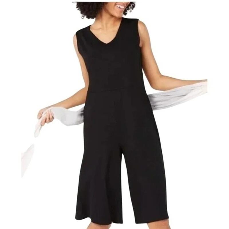 NWOT Eileen Fisher 1X V Neck Wide leg Jumpsuit Black Sleeveless 133724