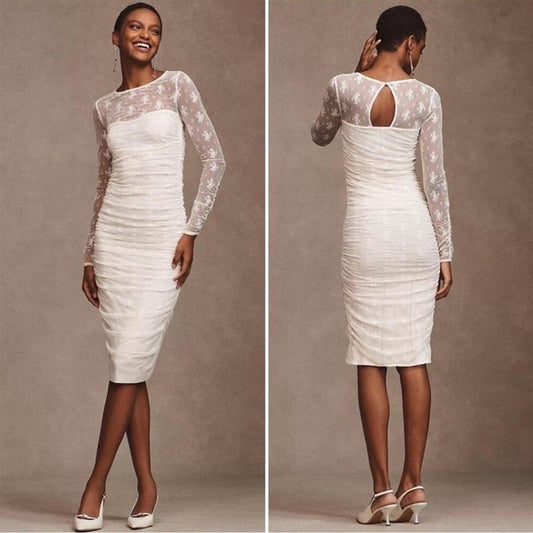 NWOTD Anthropologie BHLDN S Bailee Stretch Lace Ruched Dress White 133734