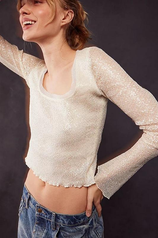 NWT FP Free People Movement L Snow Fall Ivory Bell Sleeve Scoop Neck Top 133738