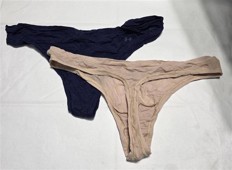 NWT Under Armour XL 2pr Pure Stretch Sheer Thong Panty Beige Blue 133808