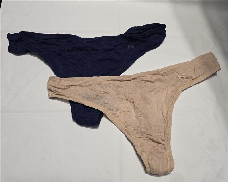 NWT Under Armour XL 2pr Pure Stretch Sheer Thong Panty Beige Blue 133808