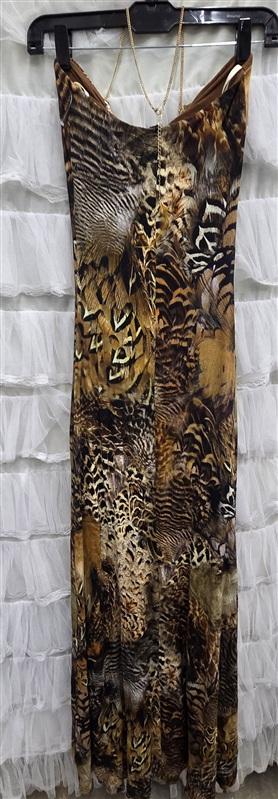 NWOT Sky XS Animal Print Gold Chain & Feather Necklace Club Maxi Dress 133810
