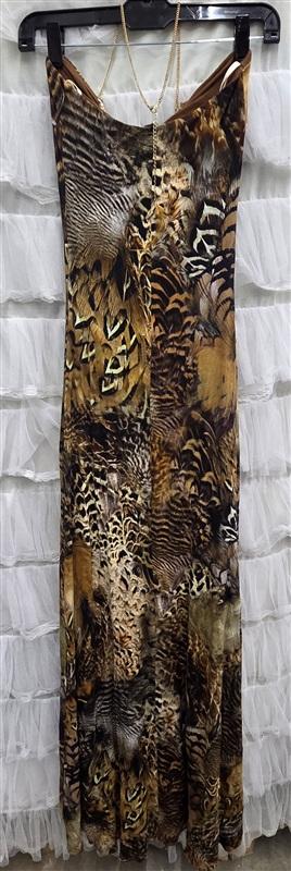 NWOT Sky XS Animal Print Gold Chain & Feather Necklace Club Maxi Dress 133810