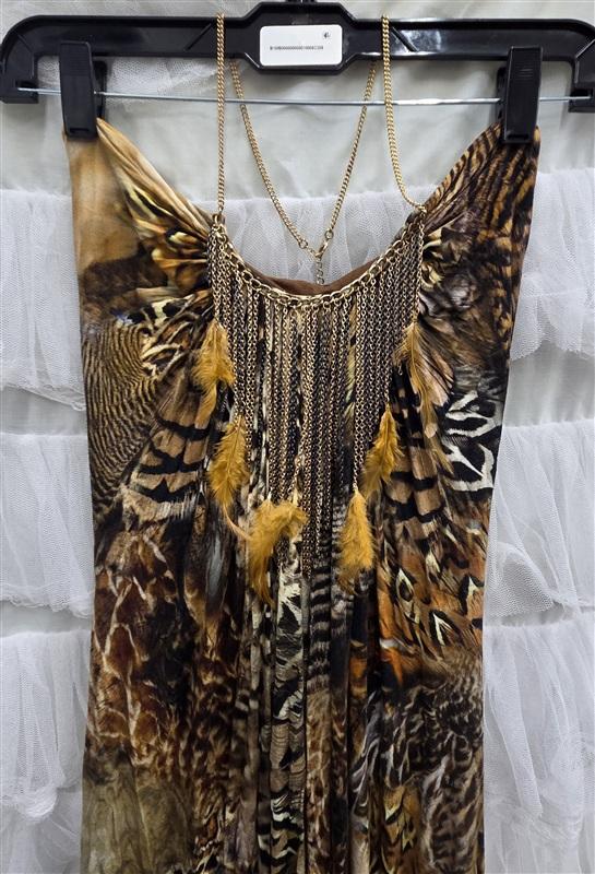 NWOT Sky XS Animal Print Gold Chain & Feather Necklace Club Maxi Dress 133810