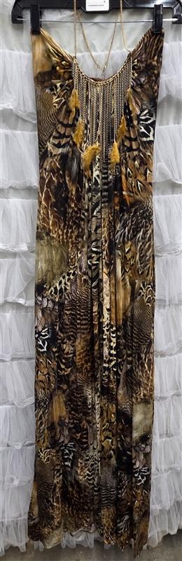 NWOT Sky XS Animal Print Gold Chain & Feather Necklace Club Maxi Dress 133810