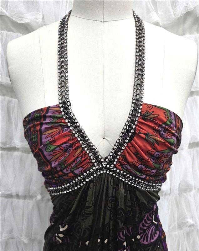 NWOT Sky XS Chain Rhinestone Jewel Tone Halter Deep V Neck Tunic Top 133811