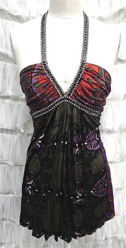 NWOT Sky XS Chain Rhinestone Jewel Tone Halter Deep V Neck Tunic Top 133811