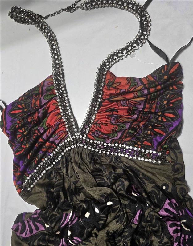 NWOT Sky XS Chain Rhinestone Jewel Tone Halter Deep V Neck Tunic Top 133811
