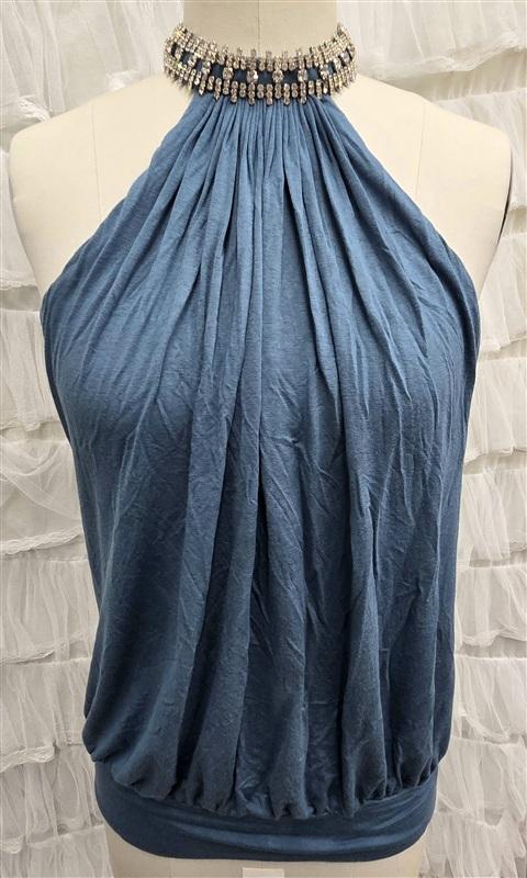 NWOT Sky L Rhinestone Teal Bubble Halter Deep Round Tunic Top 133812