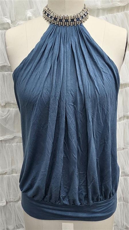 NWOT Sky L Rhinestone Teal Bubble Halter Deep Round Tunic Top 133812