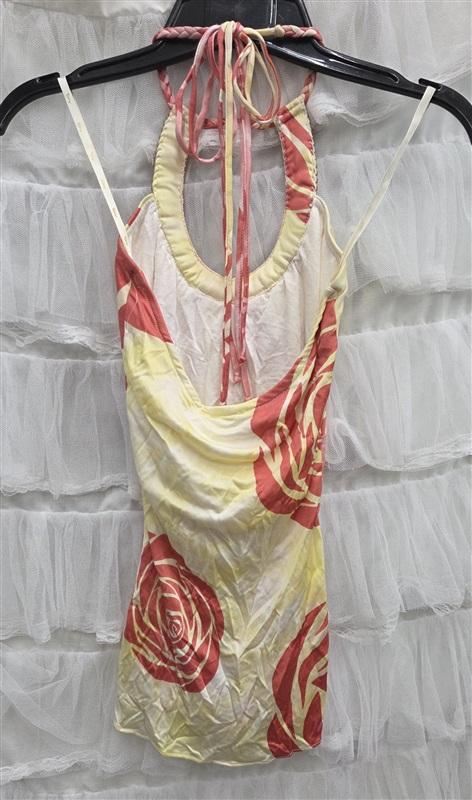 NWT Sky XS Rhinestone Pink Yellow Tropical Halter Silk Tunic Top 133817