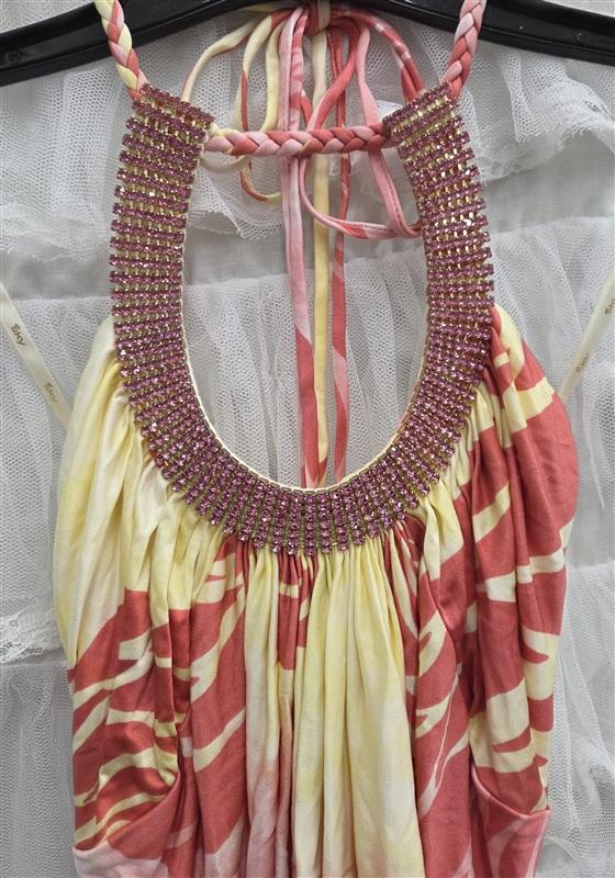 NWT Sky XS Rhinestone Pink Yellow Tropical Halter Silk Tunic Top 133817
