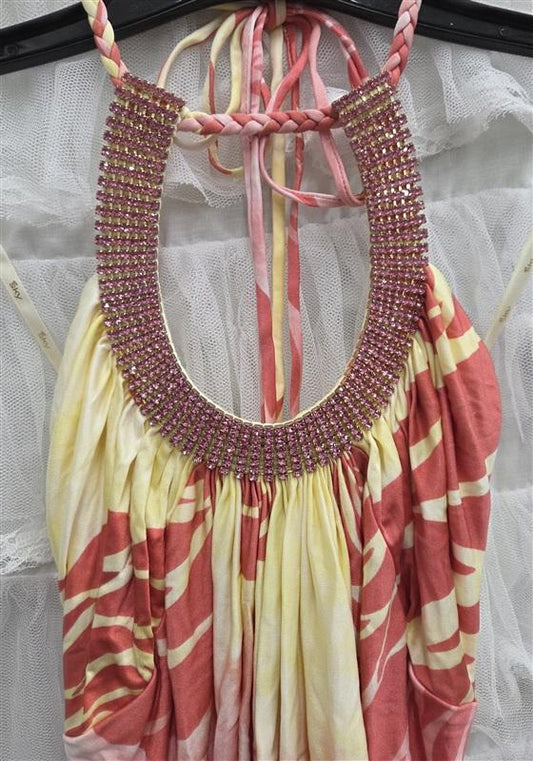 NWT Sky XS Rhinestone Pink Yellow Tropical Halter Silk Tunic Top 133817