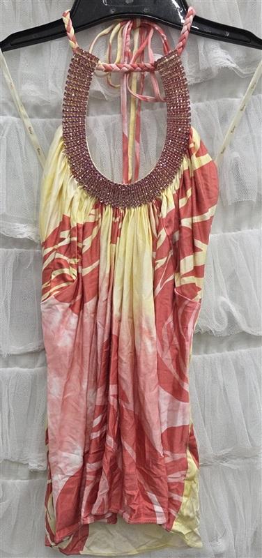 NWT Sky XS Rhinestone Pink Yellow Tropical Halter Silk Tunic Top 133817