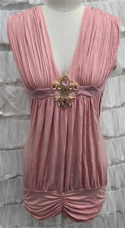 NWTD Sky L DEEP V Neck Pink Rhinestone Accents Short Dress or Top 133818