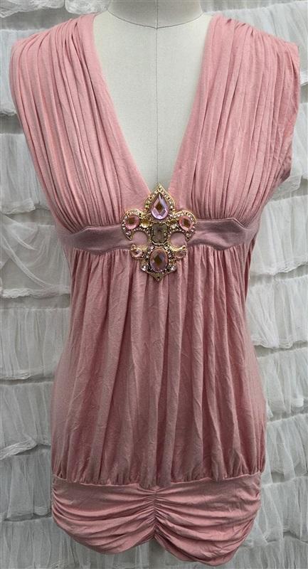 NWTD Sky L DEEP V Neck Pink Rhinestone Accents Short Dress or Top 133818