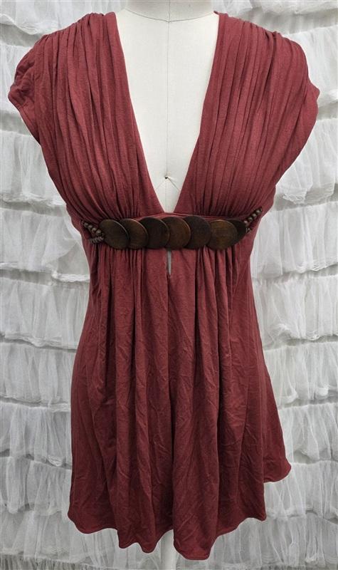 NWOT Sky L DEEP V Wood Disc Belted Short Dress or Top Rust 133820