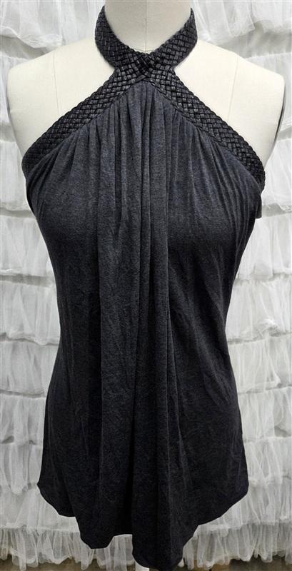 NWT Sky XS Hi Neck Knit Club Wear Top Faux Braided Leather Trim Short 133821