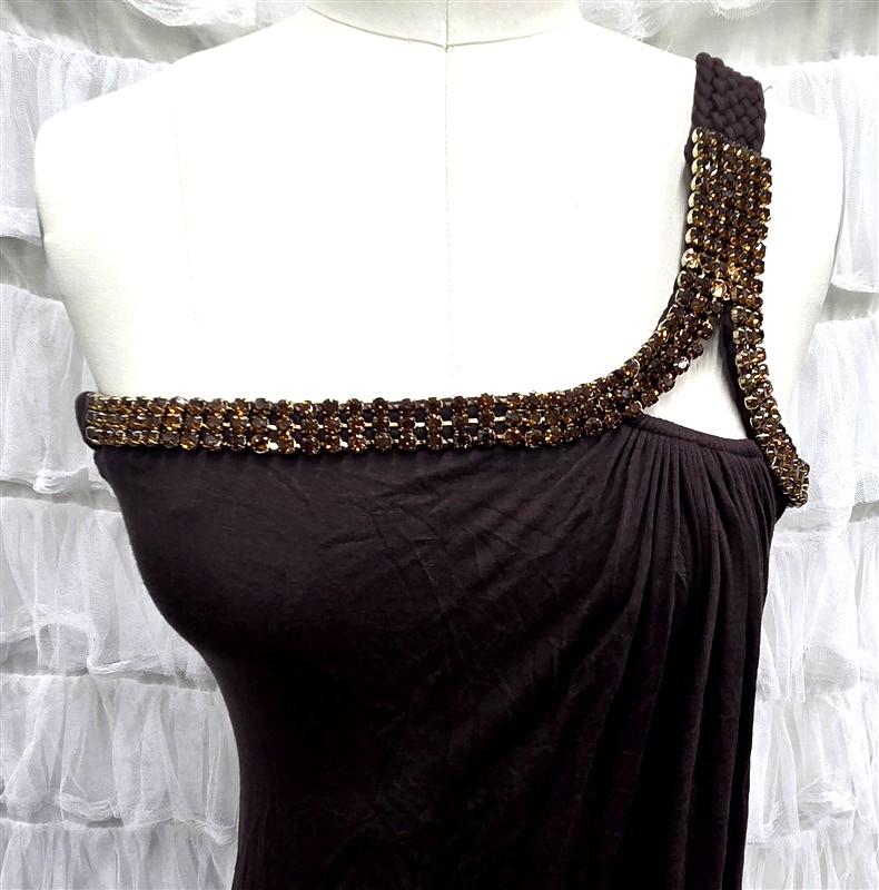 NWOTD Sky S One Shoulder Rhinestone Brown Short Dress or Top 133823