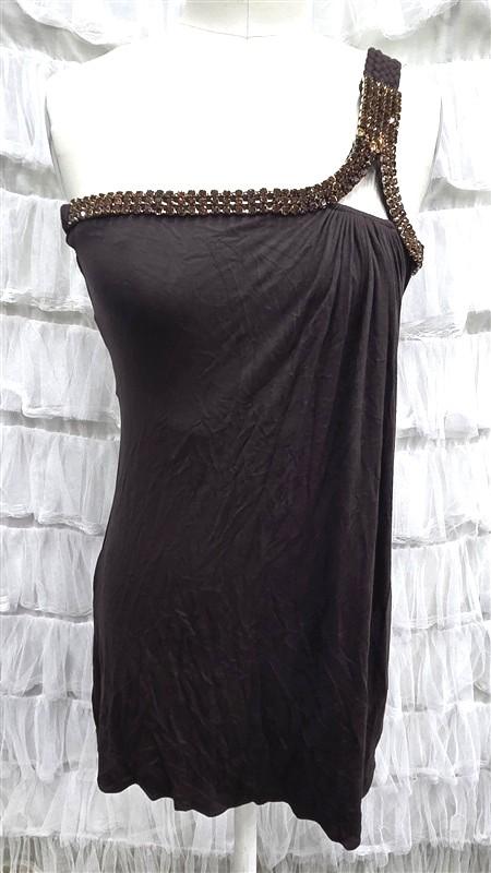 NWOTD Sky S One Shoulder Rhinestone Brown Short Dress or Top 133823