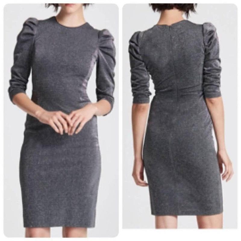 NWOT Halston 14 Heritage Metallic Silver Puff Sleeve Sheath Dress 133825