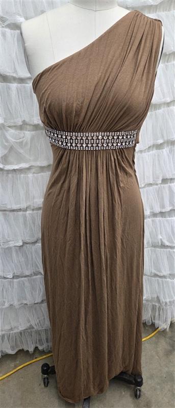NWT Sky XS One Shoulder Greek Goddess Rhinestone Club Maxi Dress Tan 133827