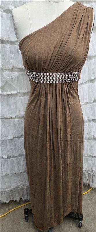 NWT Sky XS One Shoulder Greek Goddess Rhinestone Club Maxi Dress Tan 133827