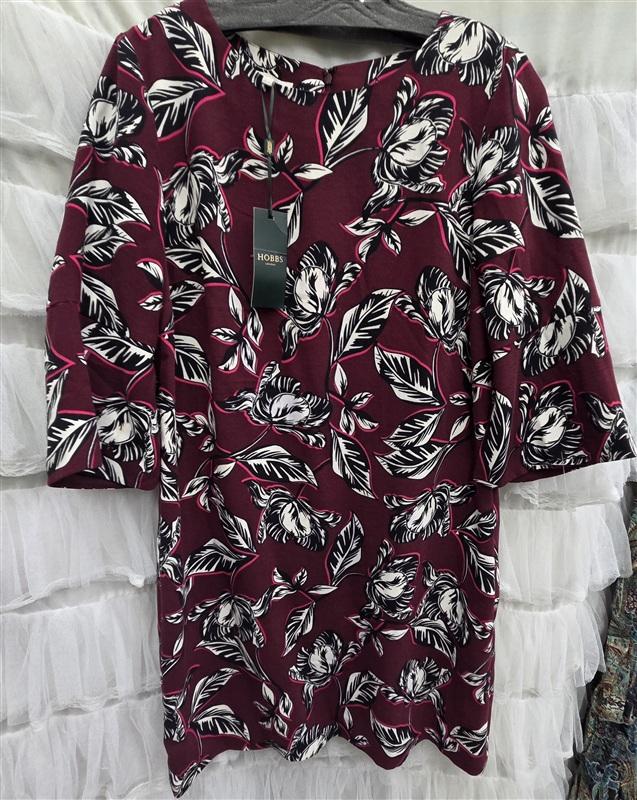 NWT Hobbs 8 USA Layla Leaf Print Dress Wine Black & Pink 133852
