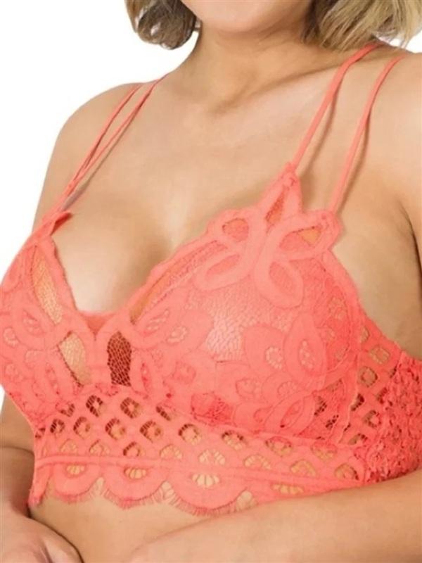 NWT Zenana 3X The Mogan Crochet Sexy Floral Lace Bralette Coral 133891