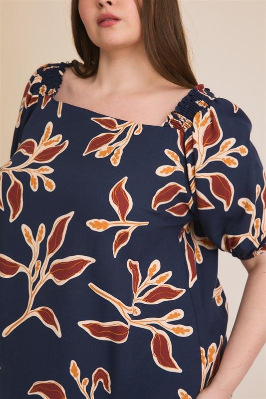 NWT Gilli 3X Plus Square Neck Smocked Top Blue Floral 133892