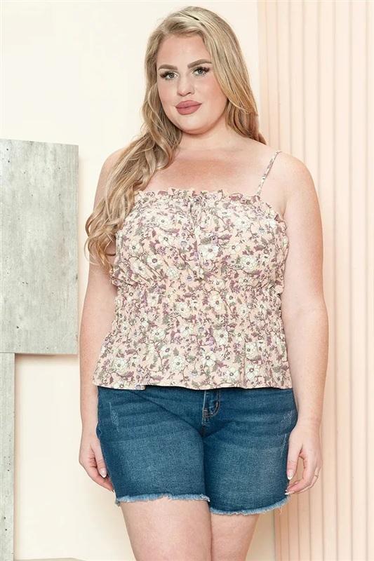 NWT Zenobia 2x Floral Print Ruffle Trim Smocked Cami Top Blush Pink 133897