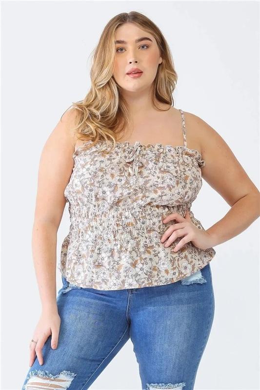 NWT Zenobia 3x Floral Print Ruffle Trim Smocked Cami Top Blush Pink 133898