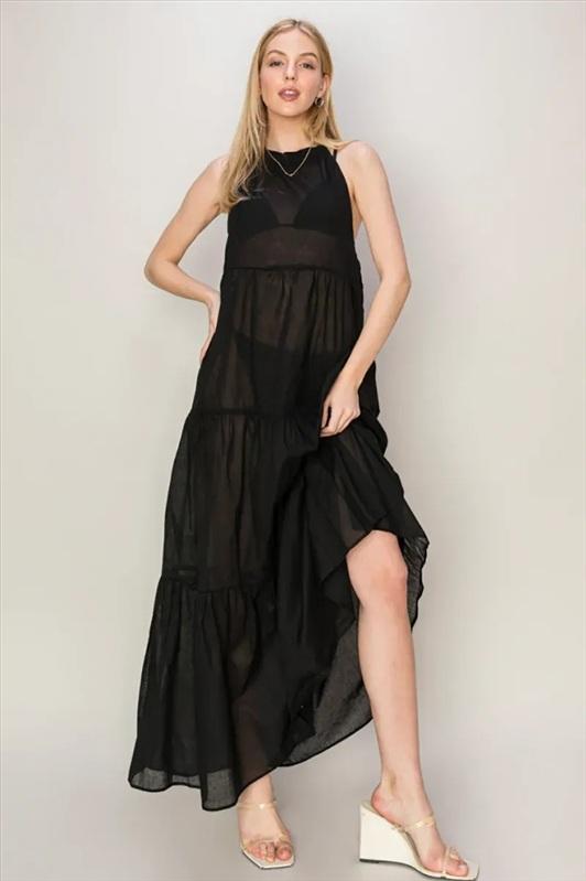 NWT Hyfve L Tiered Semi Sheer Halter Neck Cover Up Maxi Dress Black 133900