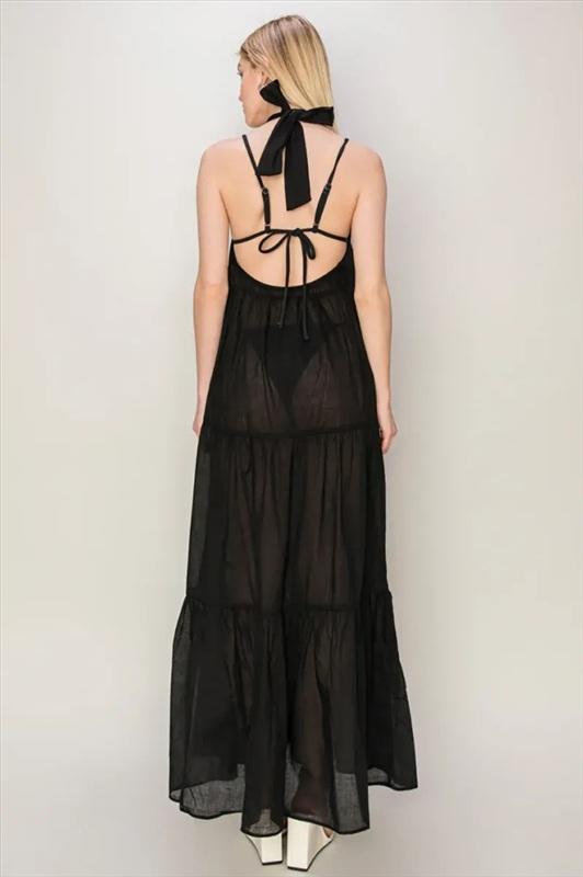 NWT Hyfve L Tiered Semi Sheer Halter Neck Cover Up Maxi Dress Black 133900