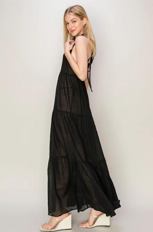 NWT Hyfve L Tiered Semi Sheer Halter Neck Cover Up Maxi Dress Black 133900
