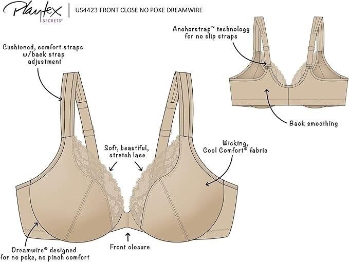 NWOT Playtex 42D Front-close No-poke Underwire Bra 4423 Cooling White 133901
