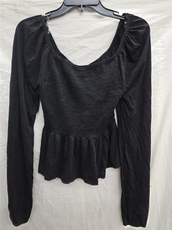 NWT Bobi M Smocked Sweetheart Neckline Black Long Sleeve Top Shirt 133915