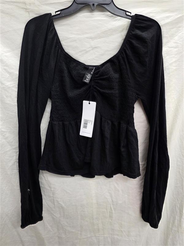 NWT Bobi M Smocked Sweetheart Neckline Black Long Sleeve Top Shirt 133915