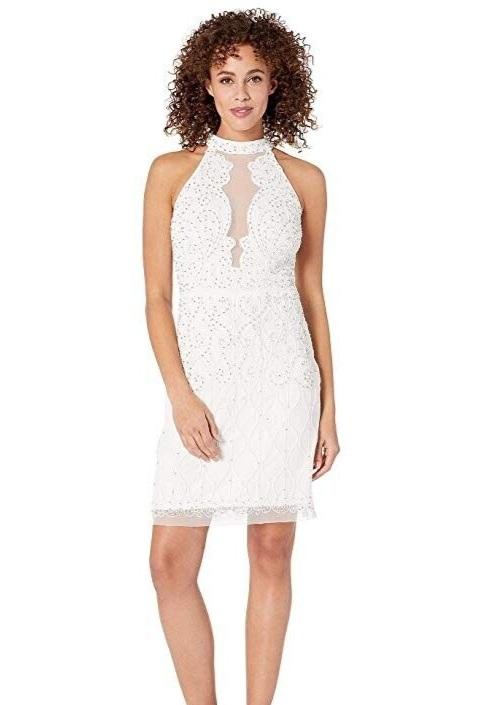 NWTD Adrianna Papell 6 Anthropologie Hi Neck White Silver Bead Mini Dress 133931