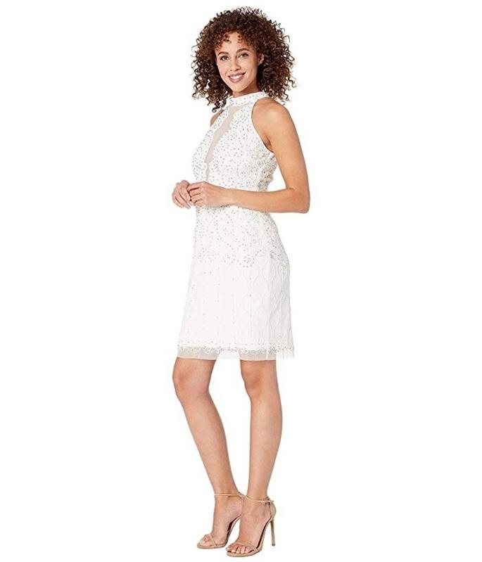 NWTD Adrianna Papell 6 Anthropologie Hi Neck White Silver Bead Mini Dress 133931