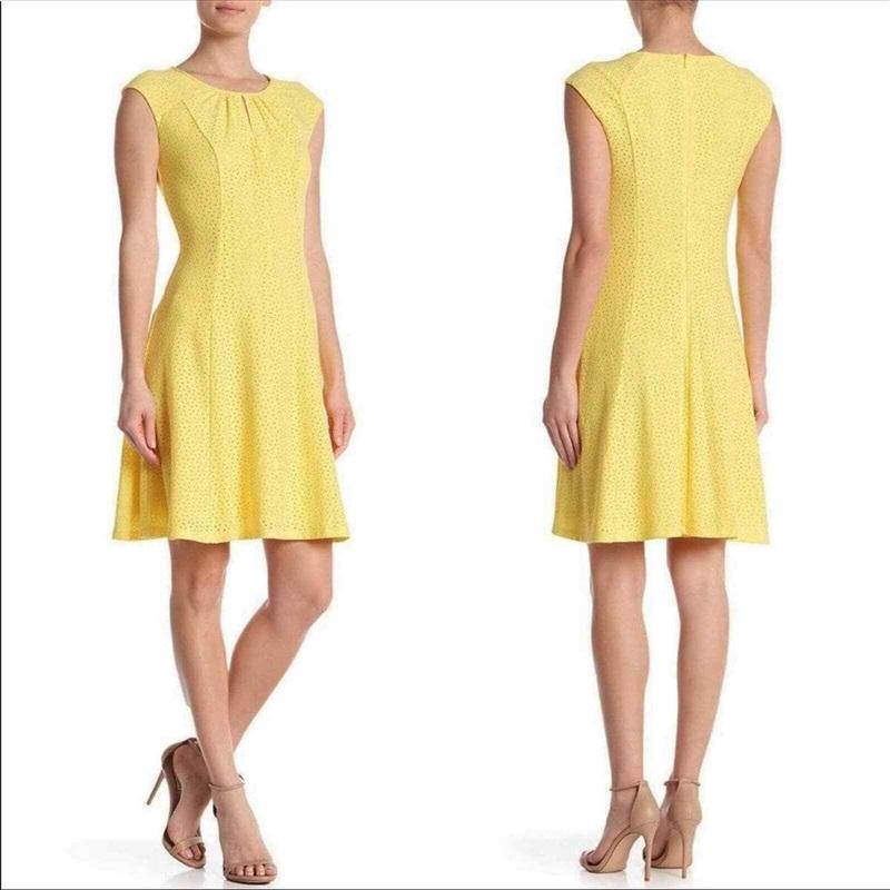 NWOT London Times 12 Yellow Eyelet Fit & Flare Mini Dress 133932