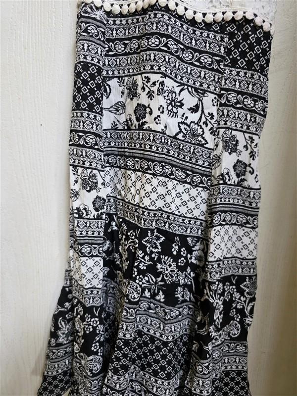 NWOT Stilletto's L Black White Boho Pom Pom Lace Calico Sundress 133940