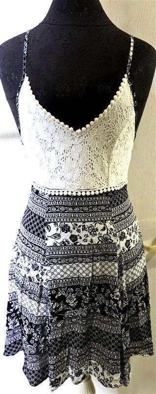 NWOT Stilletto's S Black White Boho Pom Pom Lace Calico Sundress 133941