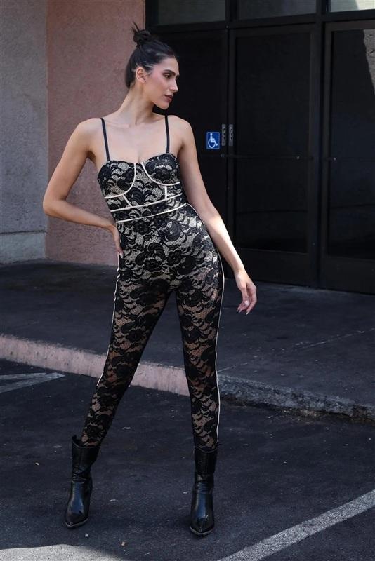 NWT Blithe M Lace Nude Bodysuit Bustier Black Sheer Jumpsuit 133945