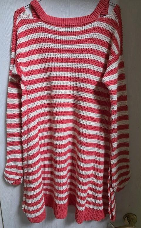 NWT Hayden M Orange White Distressed Stripe Cold Shoulder Sweater 133948